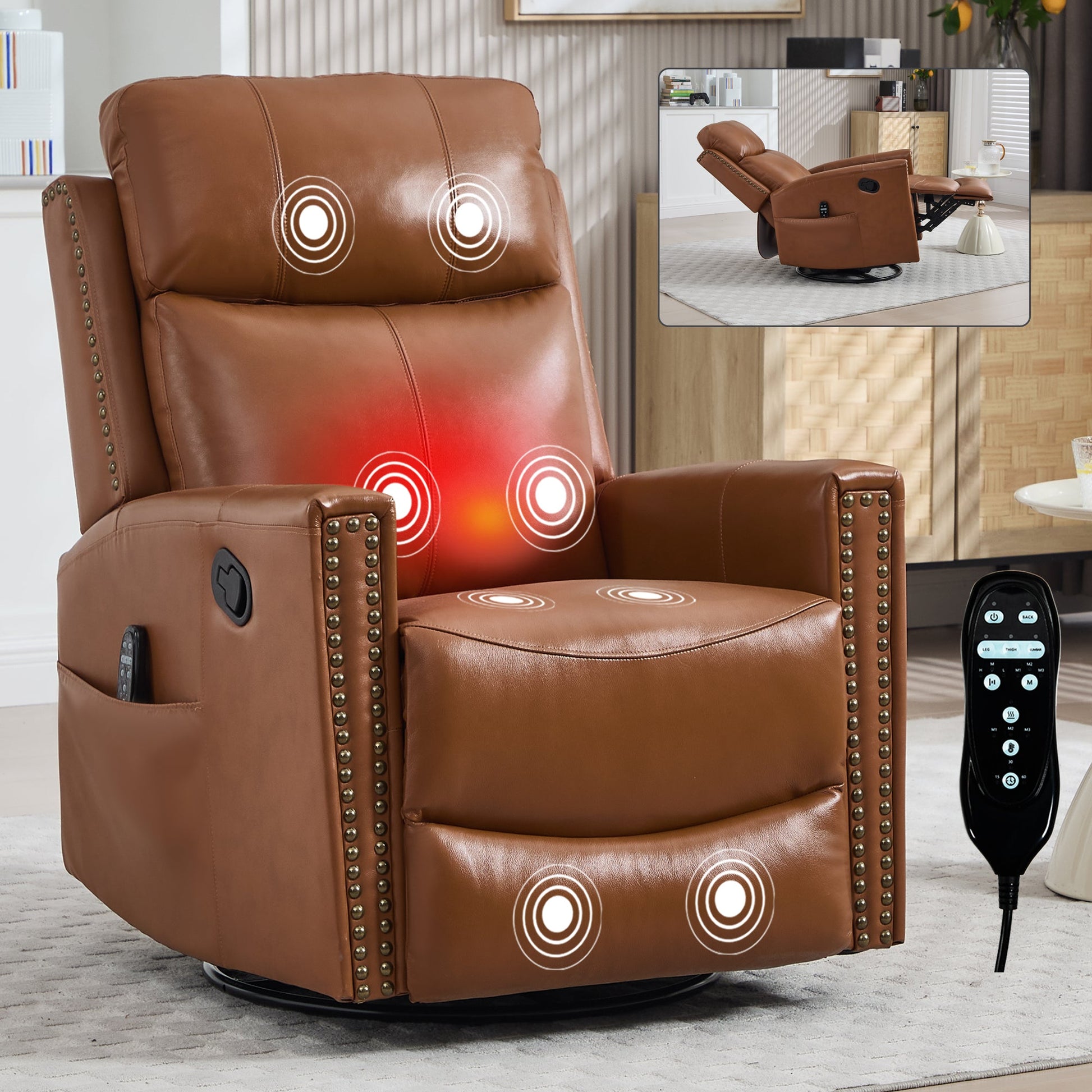 Deep Swivel Recliner and Massage Chair by HouseOfZazla, brown leather with nailhead trim on Tampa Home & Garden Store