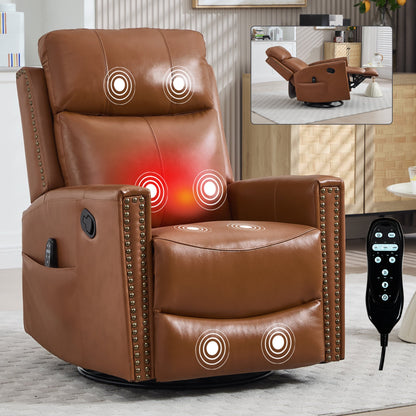 Deep Swivel Recliner and Massage Chair by HouseOfZazla, brown leather with nailhead trim on Tampa Home & Garden Store