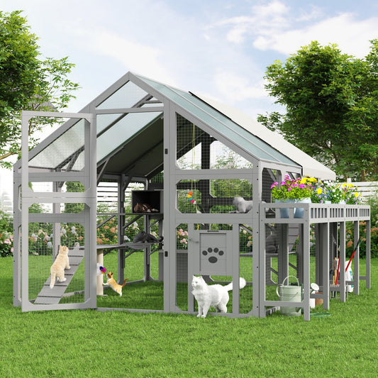 Large outdoor cat house with planter stand, gray wooden frame, multiple levels and mesh panels on Tampa Home & Garden Store