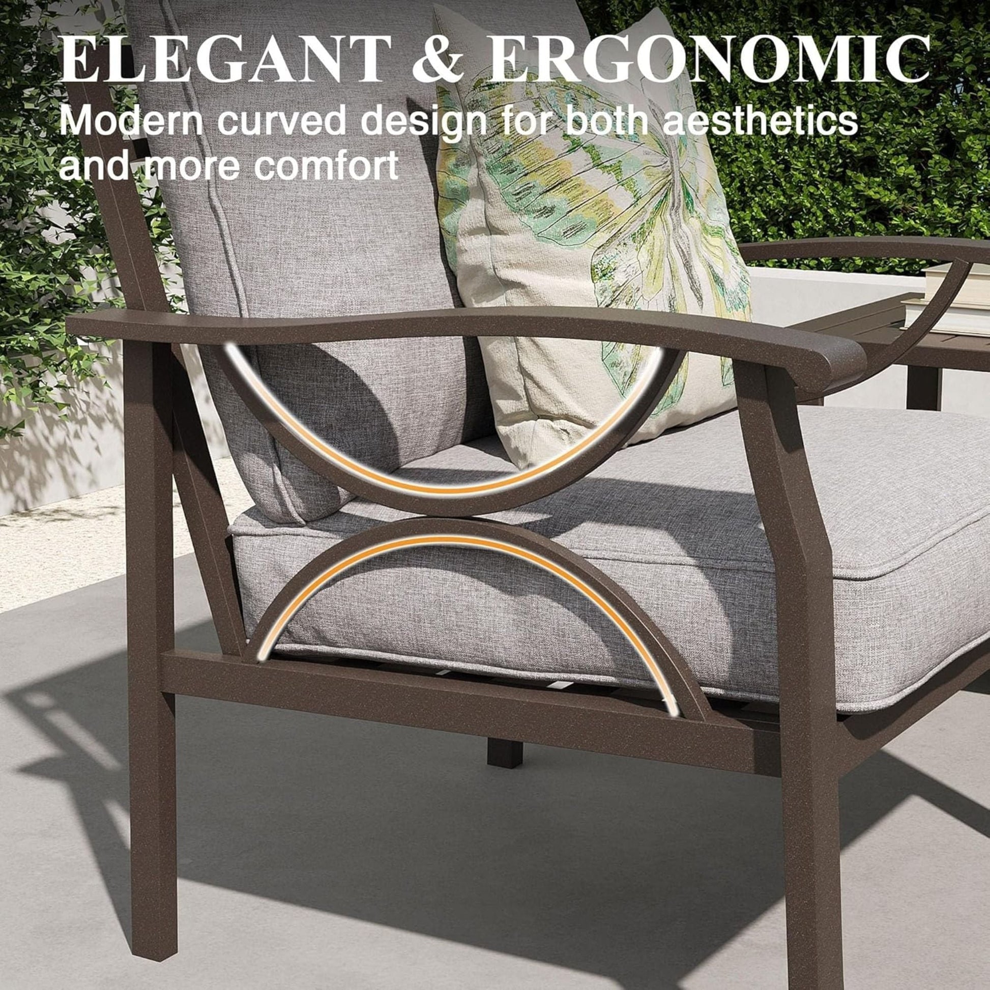 All Weather Armchairs with Cushions gray khaki on sculptural brown frame set of 2 on Tampa Home & Garden Store