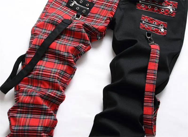 Men's black panel colorblock straight jeans with red plaid panels and metal hardware on Tampa Home & Garden Store