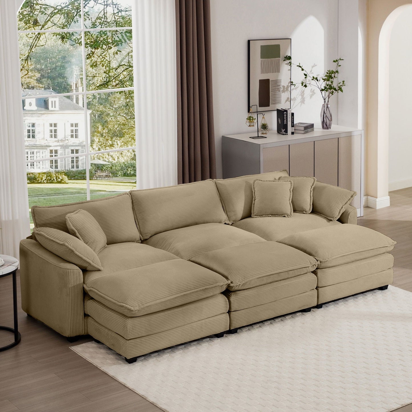 Modern Oversized Modular Cushion Sofa With Ottoman in beige fabric, low back HouseOfZazla on Tampa Home & Garden Store
