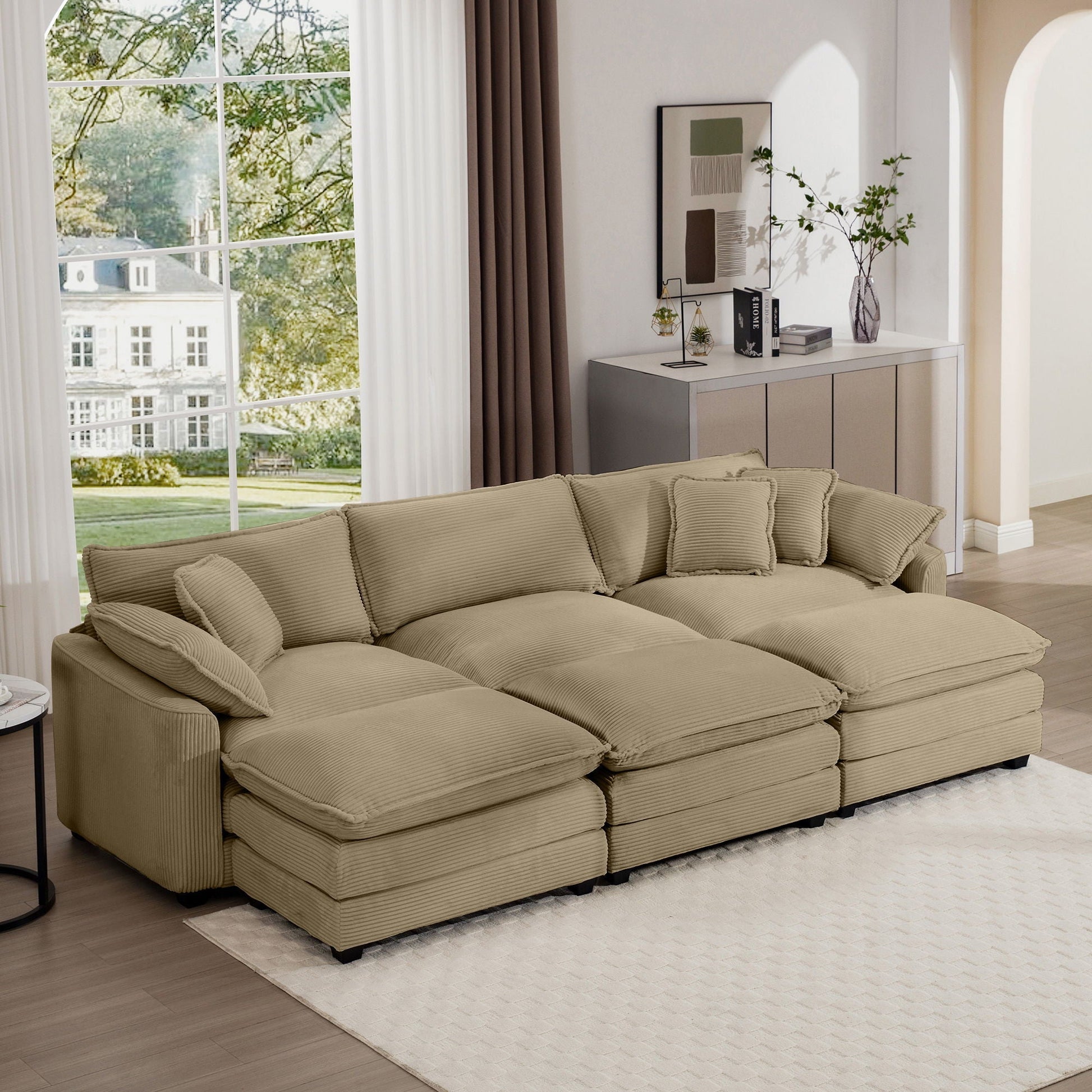 Modern Oversized Modular Cushion Sofa With Ottoman in beige fabric, low back HouseOfZazla on Tampa Home & Garden Store