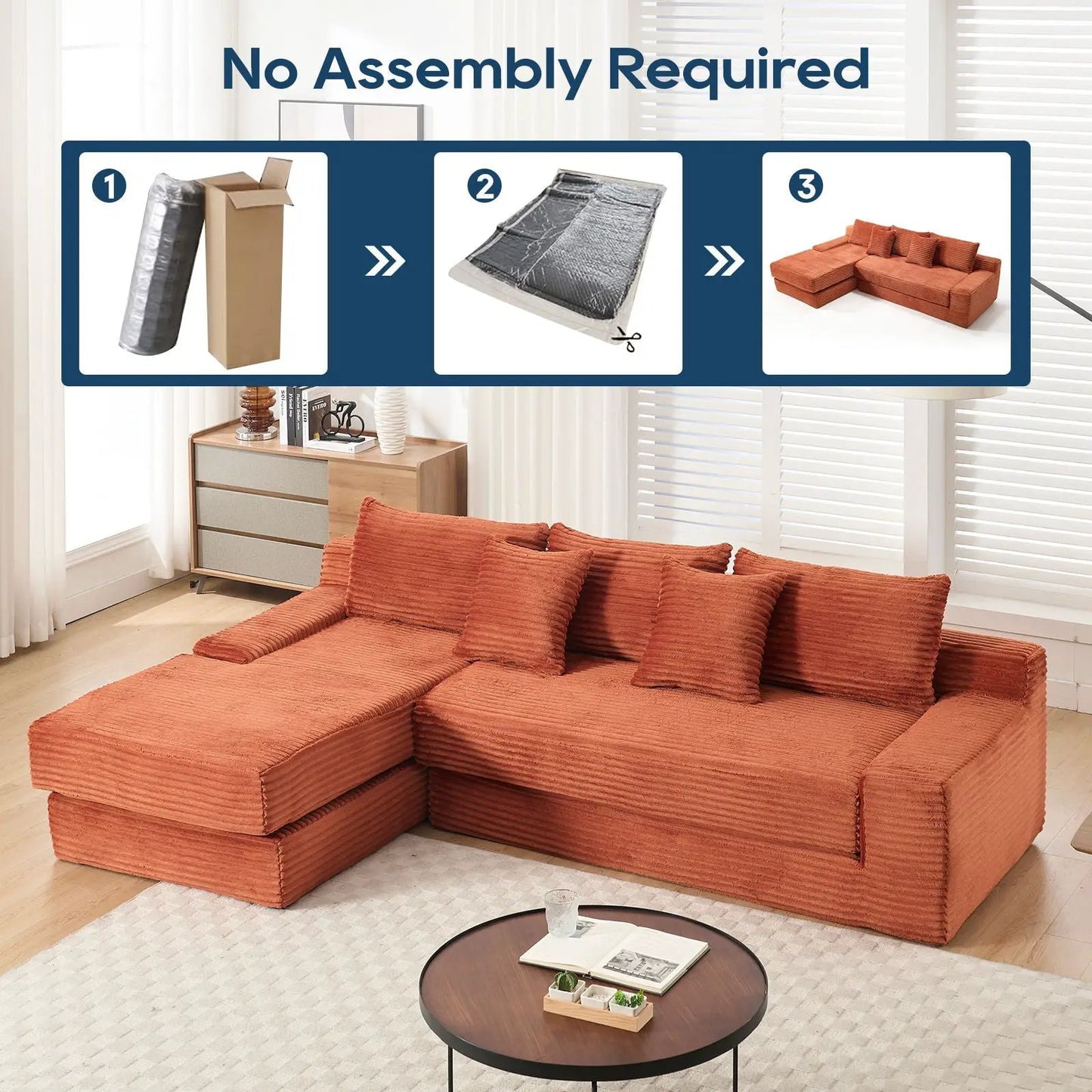 Modern L-shaped sectional memory foam couch in rust-orange corduroy Unique Piece Furniture on Tampa Home & Garden Store