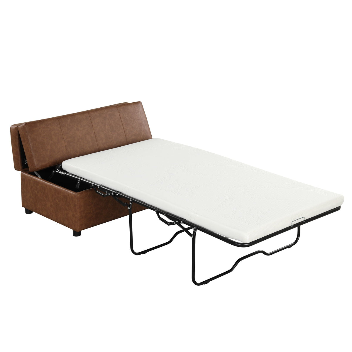 Twin size folding ottoman sleeper bed, mattress, brown faux leather headboard and metal frame on Tampa Home & Garden Store