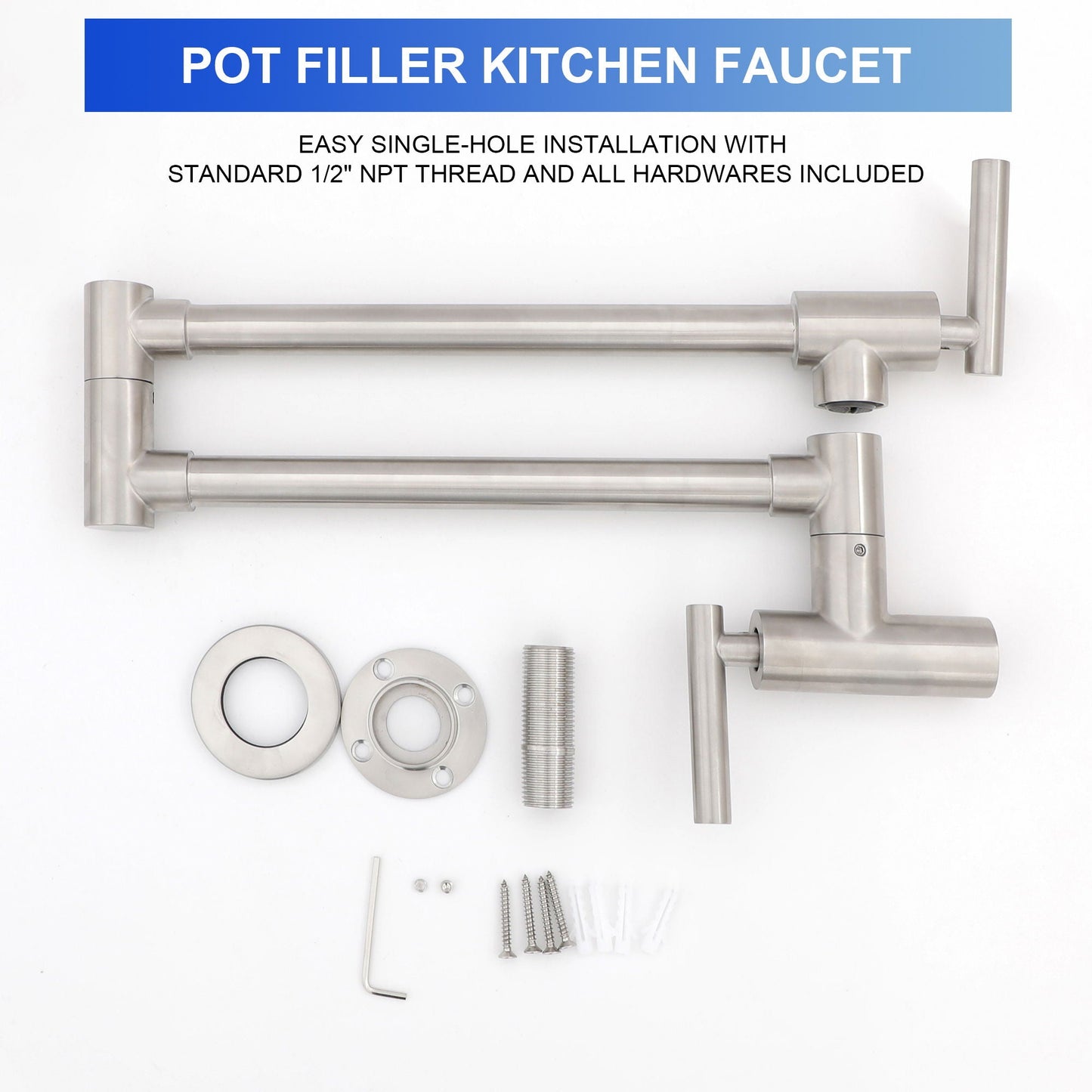 Wall mount pot filler faucet with folding extendable arms, brushed nickel finish on Tampa Home & Garden Store