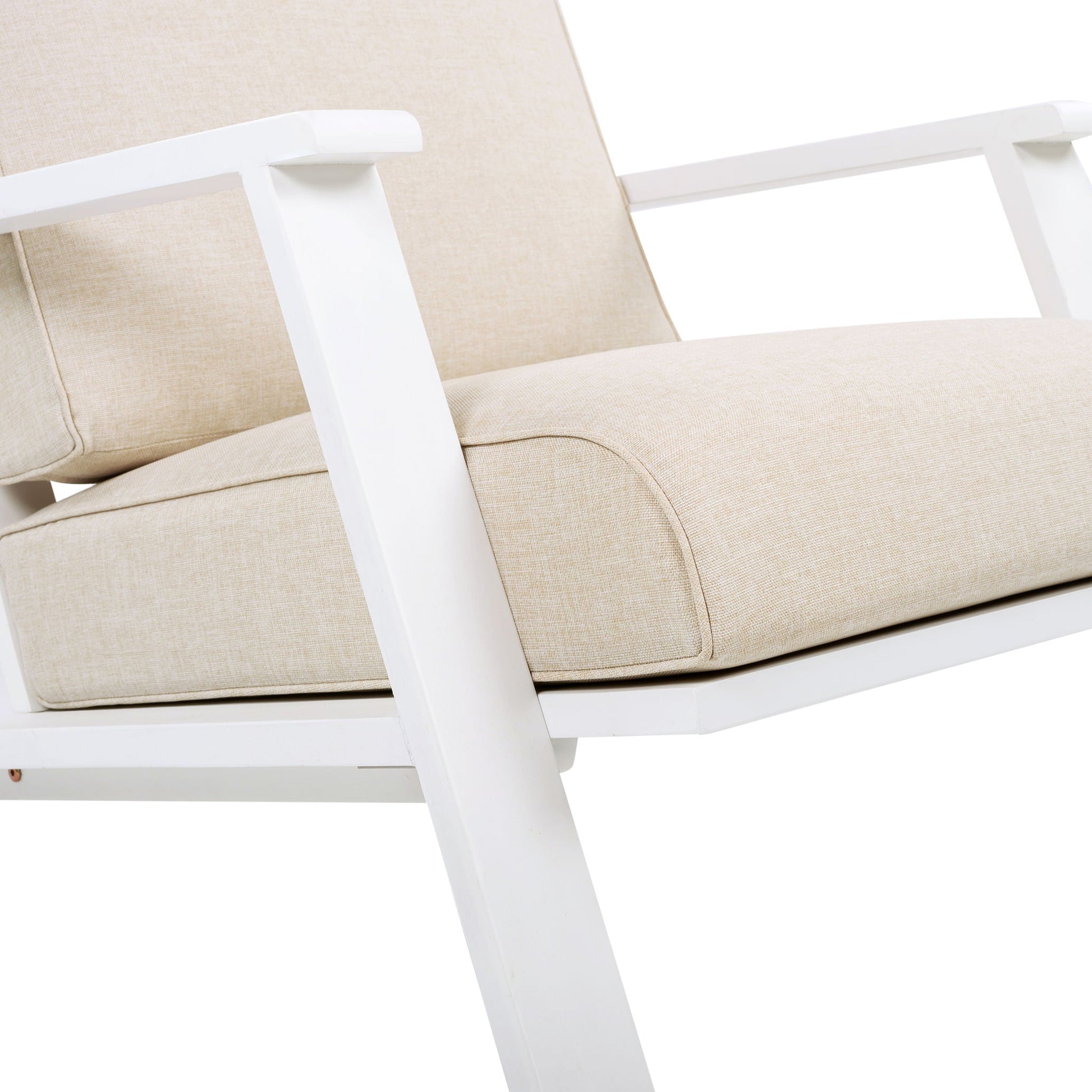 Outdoor patio lounge chair set of 2 with beige cushions and white wood frames on Tampa Home & Garden Store
