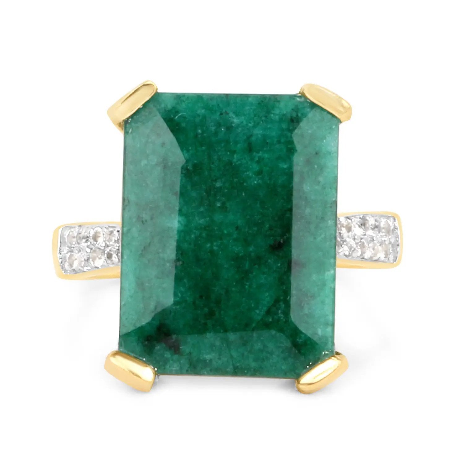 7.64 Carat Dyed Emerald and White Diamond .925 Sterling Silver Ring with gold prongs on Tampa Home & Garden Store