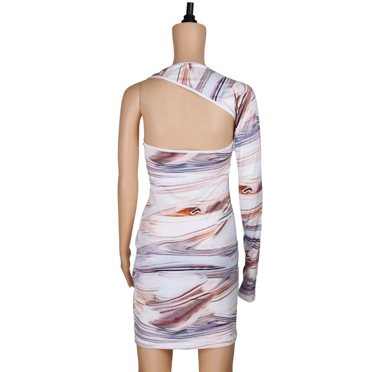 One-shoulder woodgrain print dress back view, white-brown pattern, FLIPSTYLEZLLC on Tampa Home & Garden Store