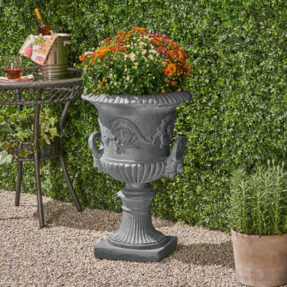 MGO Garden Urn Planter gray stone urn with ornate relief and colorful flowers on Tampa Home & Garden Store