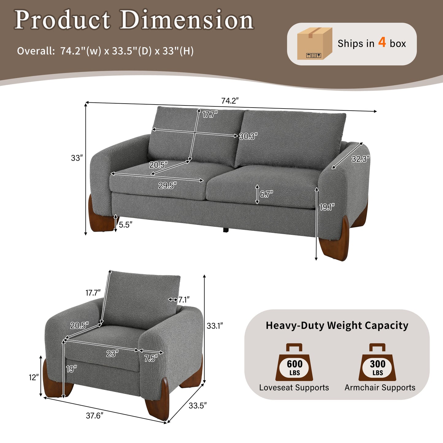 U_Style Modern 3-Piece Sofa Set by HouseOfZazla in gray fabric with wooden legs on Tampa Home & Garden Store