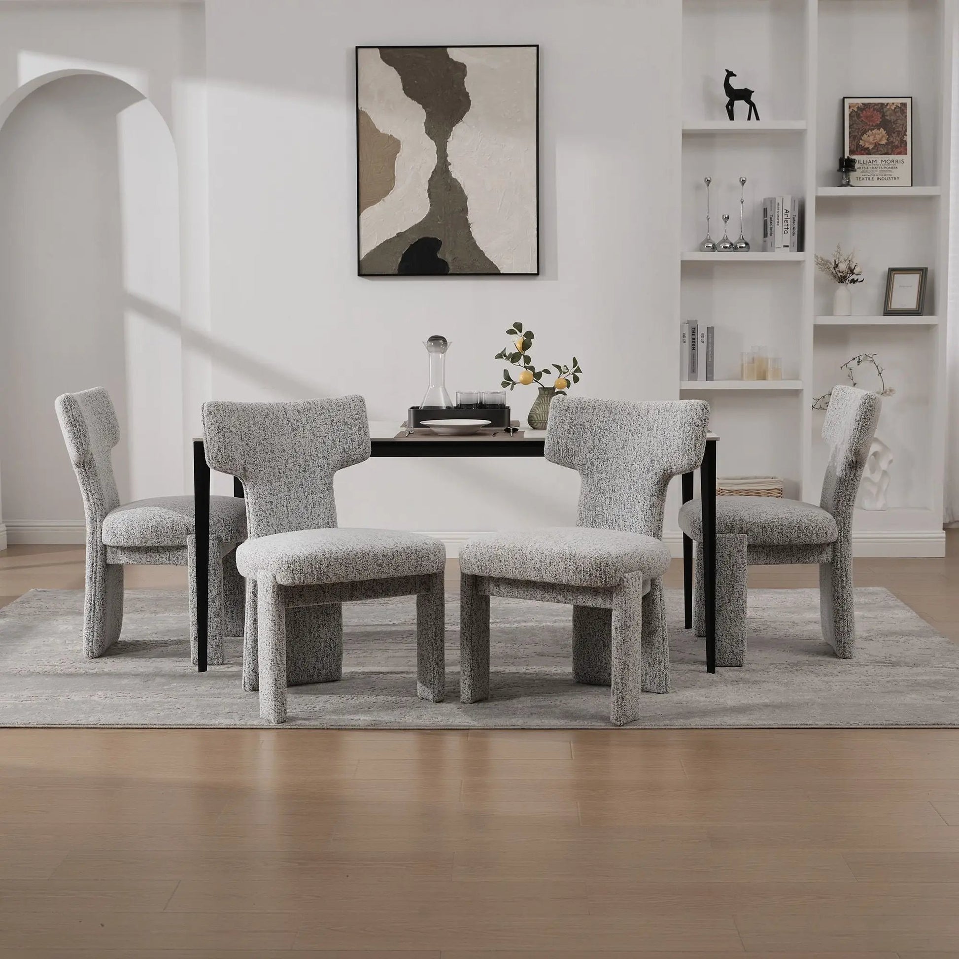Armless Curved-Back Accent Chairs, six gray fabric chairs with black legs around dining table on Tampa Home & Garden Store