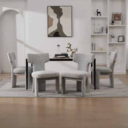 Armless Curved-Back Accent Chairs, six gray fabric chairs with black legs around dining table on Tampa Home & Garden Store