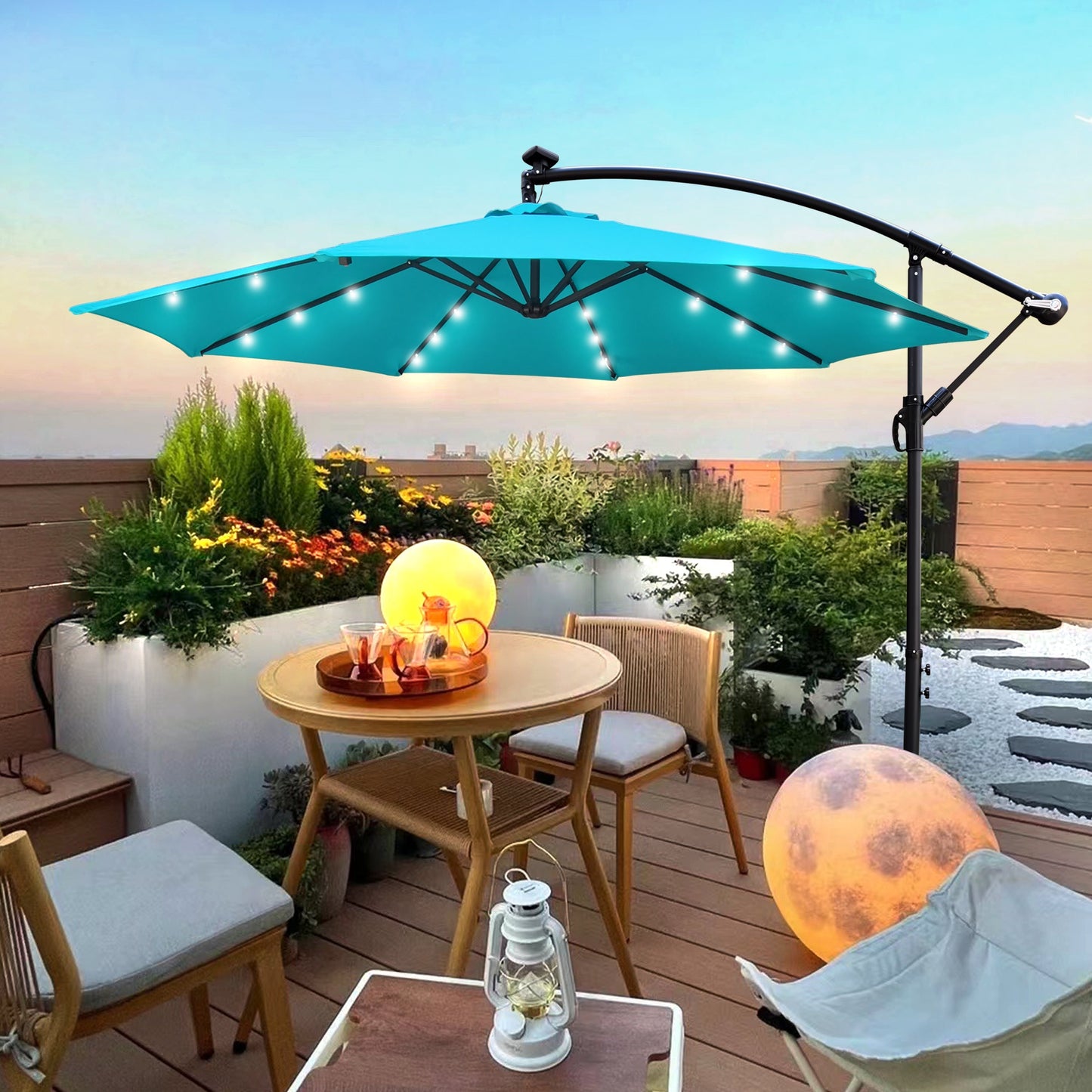 10 ft Outdoor Patio Umbrella turquoise with solar powered LED lights and curved arm HouseOfZazla on Tampa Home & Garden Store