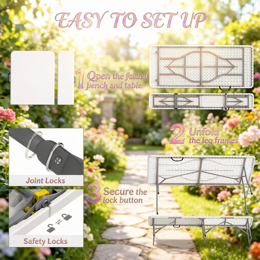 Foldable picnic table and chairs outdoor camping set by HouseOfZazla, frame with locks on Tampa Home & Garden Store