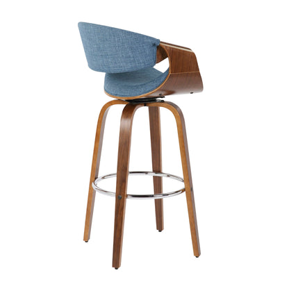 Mid-Century Modern swivel barstool set blue fabric upholstery walnut frame HouseOfZazla on Tampa Home & Garden Store