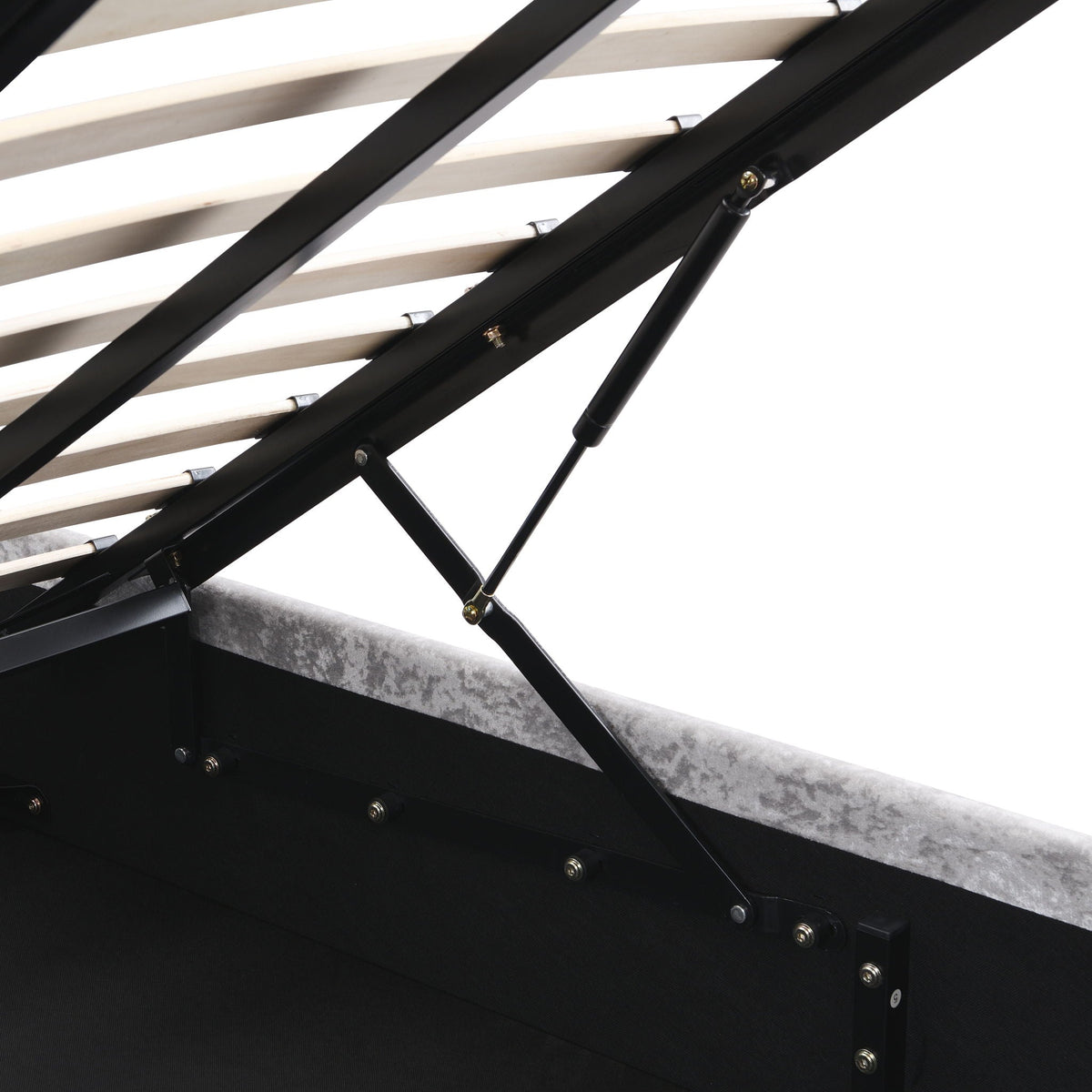 Hartfried queen upholstered storage bed with black metal rails and beige fabric on Tampa Home & Garden Store