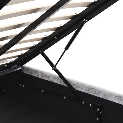 Hartfried queen upholstered storage bed with black metal rails and beige fabric on Tampa Home & Garden Store