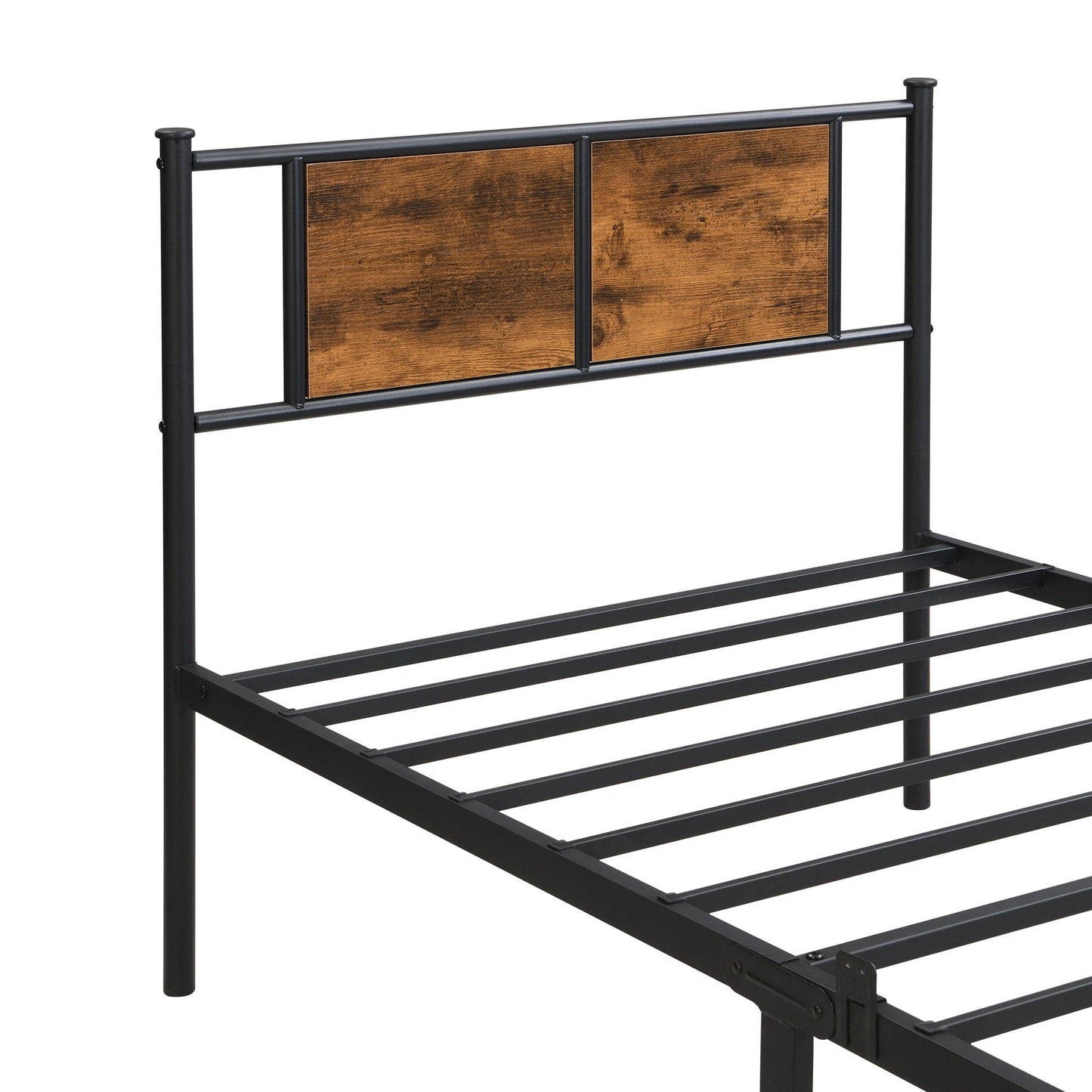 Modern metal bedframe with wood-panel headboard, black steel frame by HouseOfZazla on Tampa Home & Garden Store