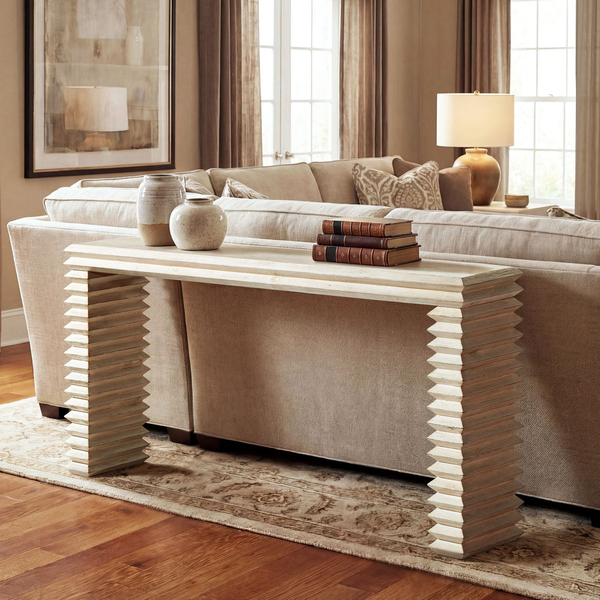 Geometric waterfall console table in light natural wood with stacked leg bases on Tampa Home & Garden Store
