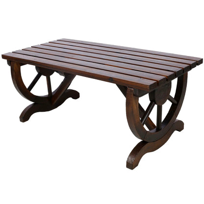 Rustic Wooden Bench with Wagon Wheel Legs Garden
