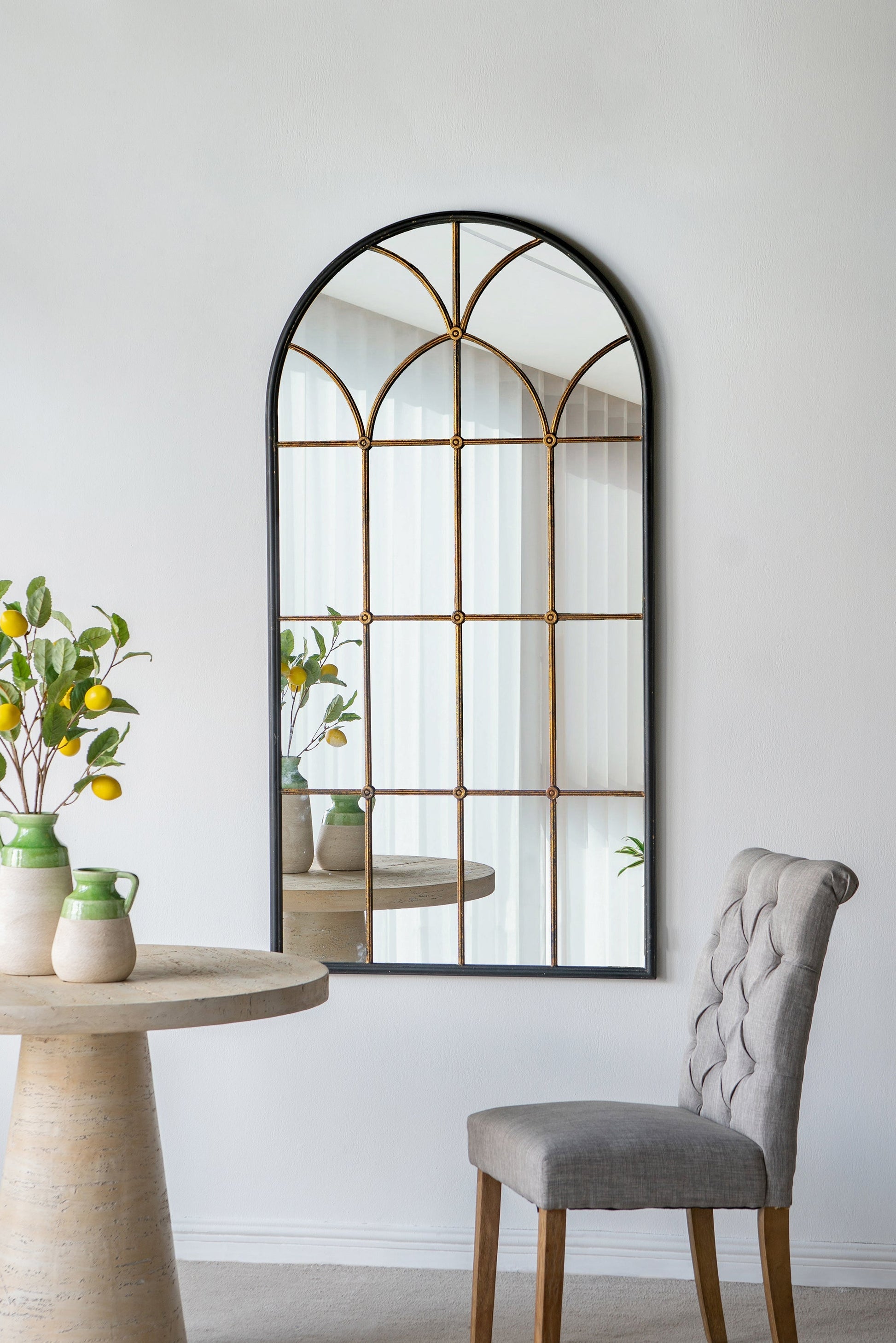 Arched full-length mirror with black frame and gold windowpane design, 34x65.5 on Tampa Home & Garden Store