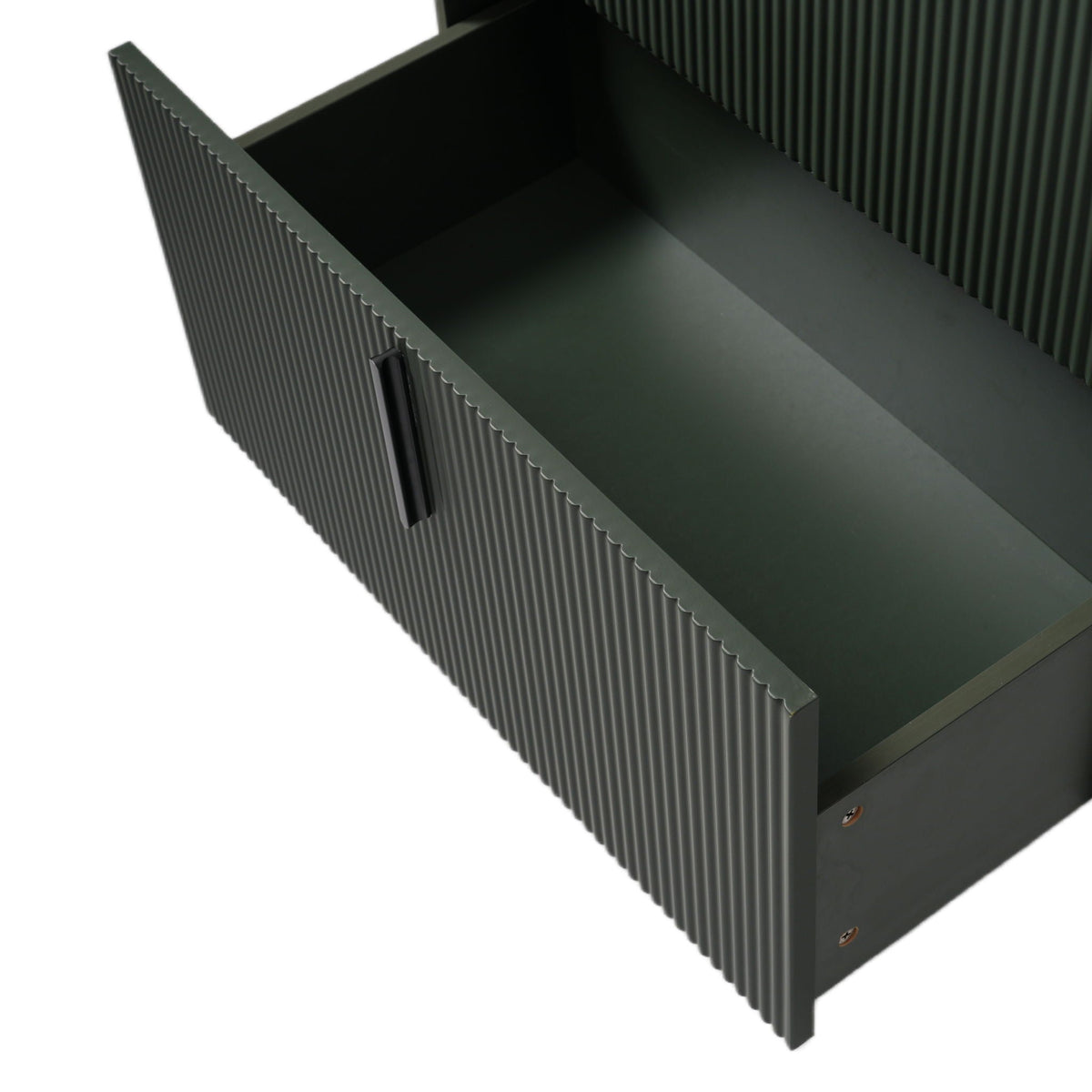 Bathroom vanity with dark green exterior, vertical fluted panels and metal hardware on Tampa Home & Garden Store
