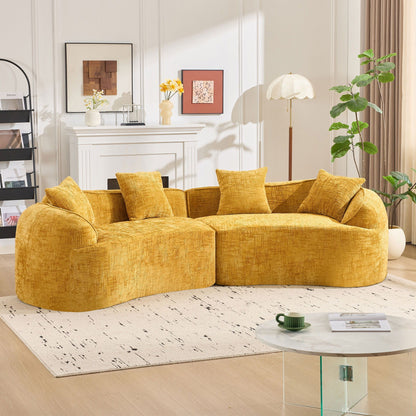 Curved compressed sofa by HouseOfZazla in mustard yellow textured fabric for living room on Tampa Home & Garden Store