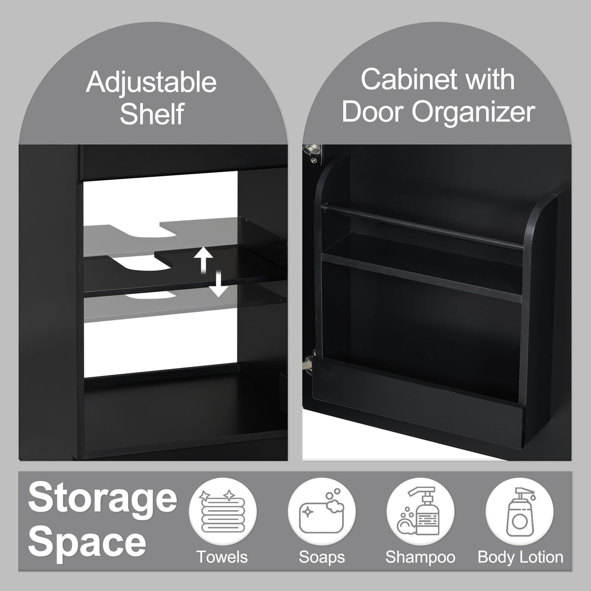 HouseOfZazla bathroom vanity with sink, black cabinet, adjustable shelf and door organizer on Tampa Home & Garden Store