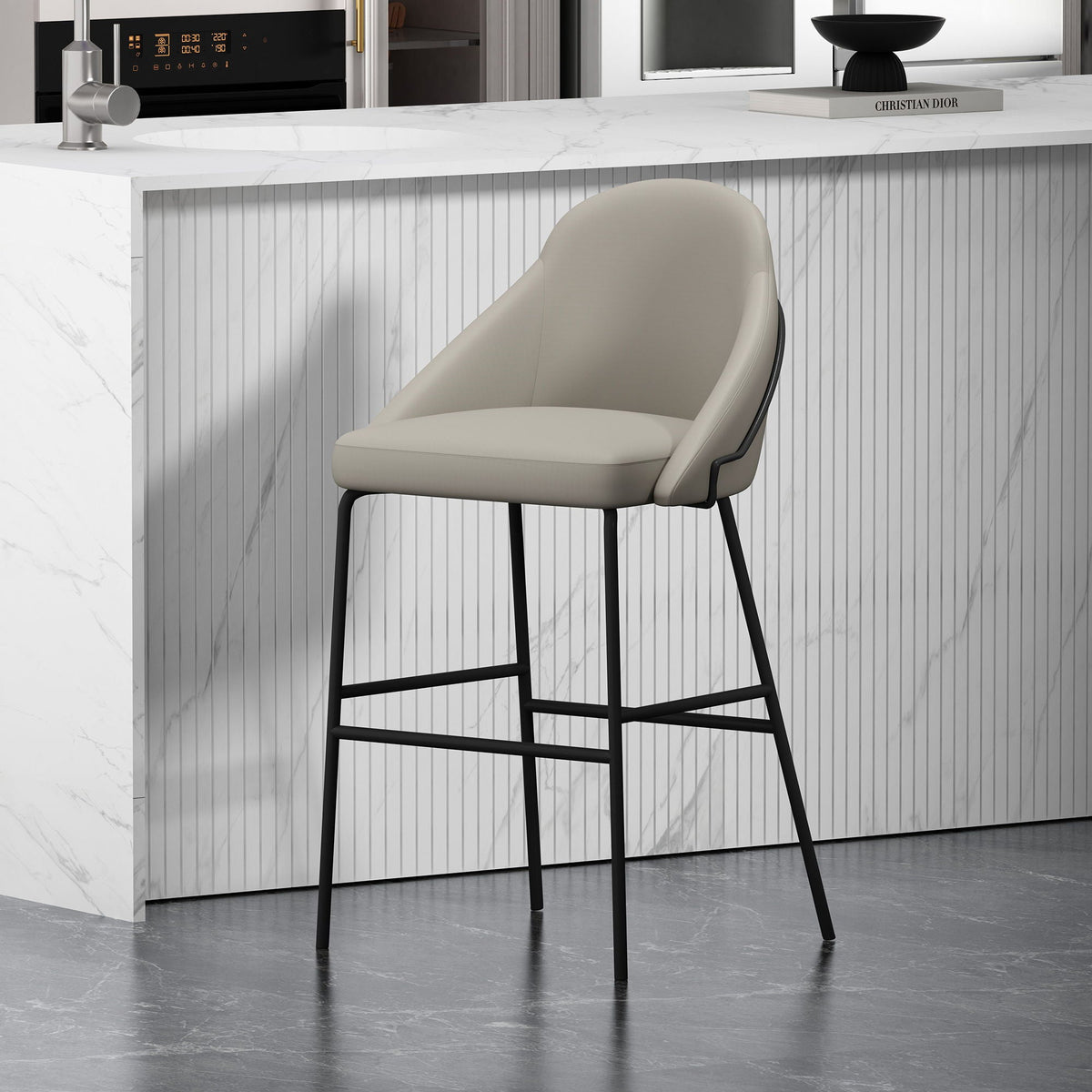 Gracie Upholstered Barstool beige upholstery, black metal legs, bar-height 28-30 on Tampa Home & Garden Store