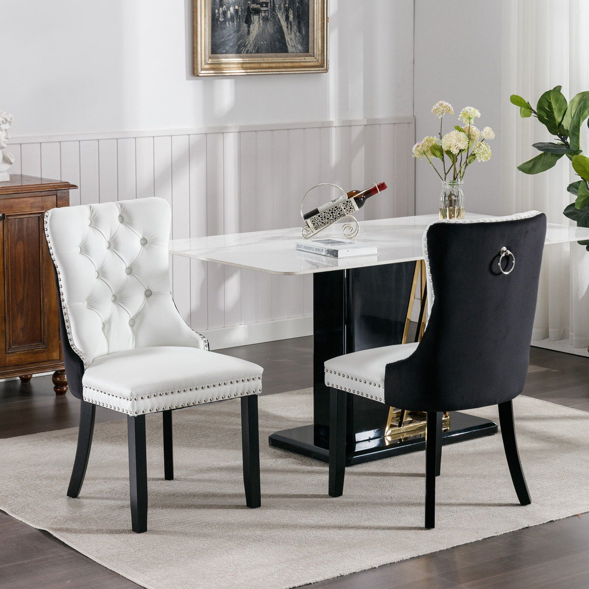 Nikki Modern Upholstered Dining Chair Set of 2 white and black tufted chairs with nailhead trim on Tampa Home & Garden Store