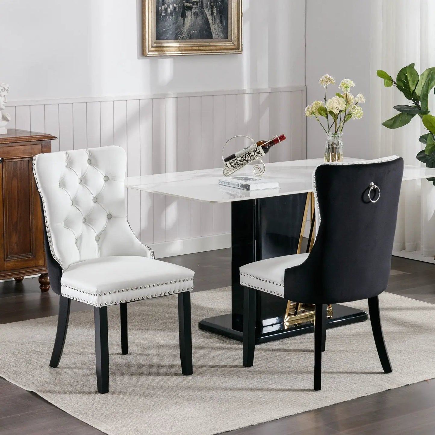 Nikki Modern Upholstered Dining Chair Set of 2 white and black tufted chairs with nailhead trim on Tampa Home & Garden Store