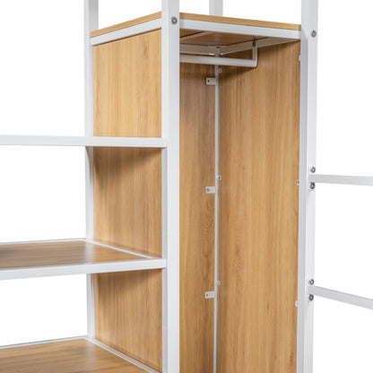 Loft bed frame with white metal rails and oak veneer panels, built-in wardrobe section on Tampa Home & Garden Store