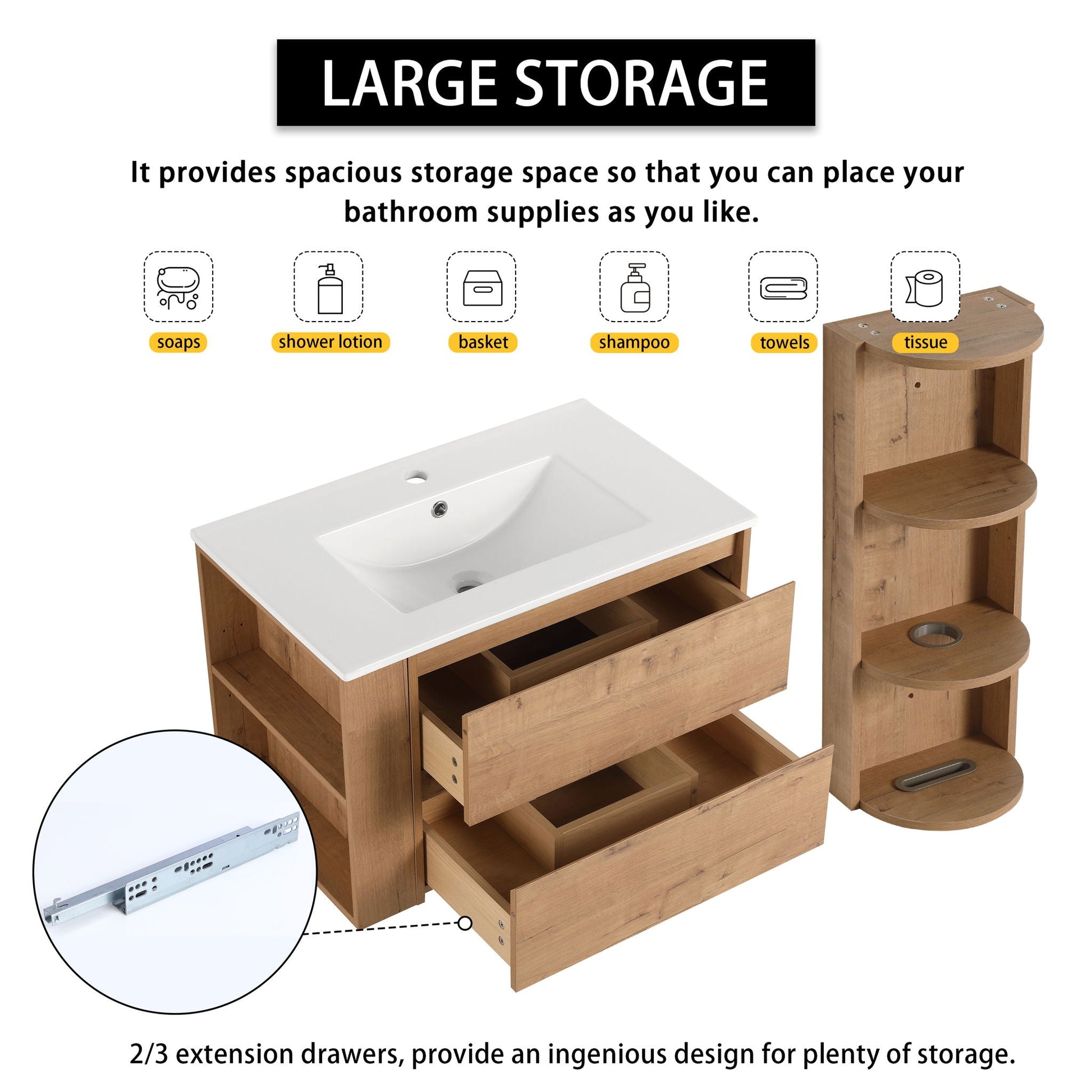 Modern wall-mounted bathroom vanity with ceramic sink and wood storage rack HouseOfZazla on Tampa Home & Garden Store