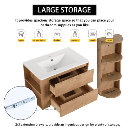 Modern wall-mounted bathroom vanity with ceramic sink and wood storage rack HouseOfZazla on Tampa Home & Garden Store