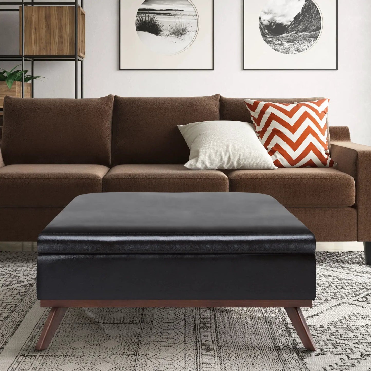 Owen multifunctional square coffee table storage ottoman in brown fabric with black base on Tampa Home & Garden Store