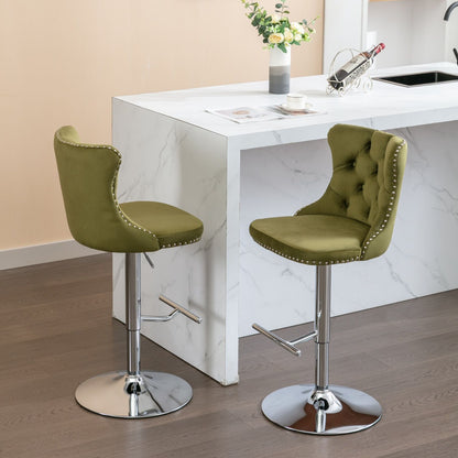 Swivel height barstools set of 2, olive green tufted upholstery with nailhead chrome bases on Tampa Home & Garden Store