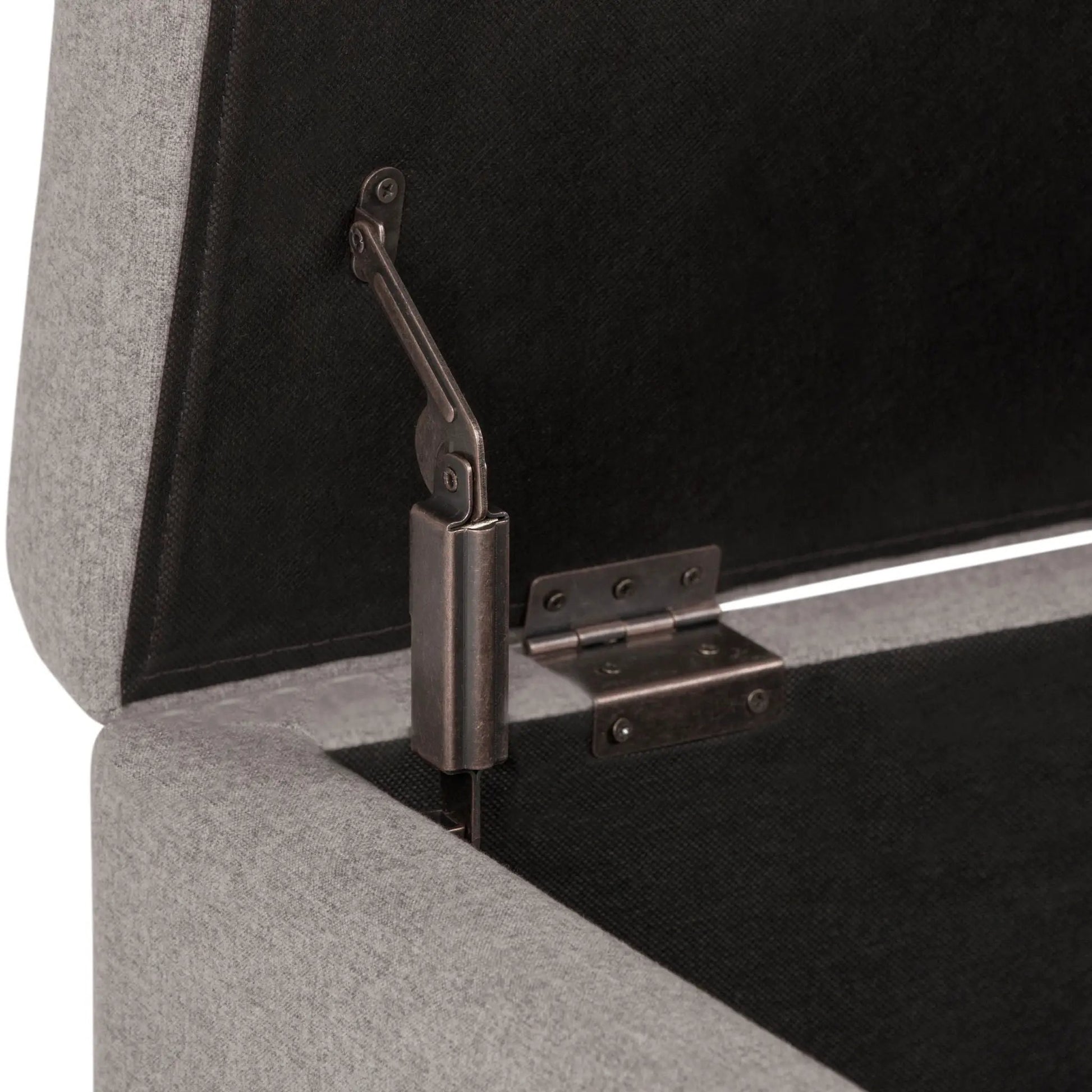 Hamilton Upholstered Storage Ottoman, gray fabric, metal hardware on Tampa Home & Garden Store