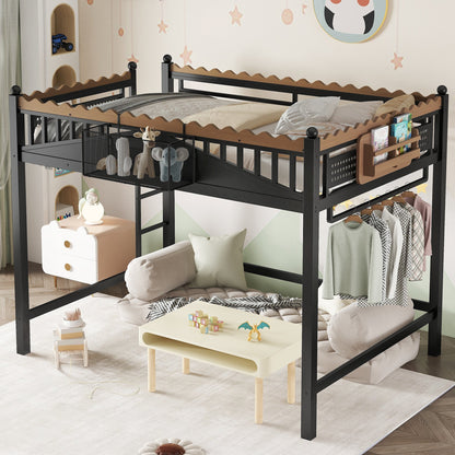 Full size loft bed with ladders and storage shelves black metal frame with scalloped guard rails on Tampa Home & Garden Store