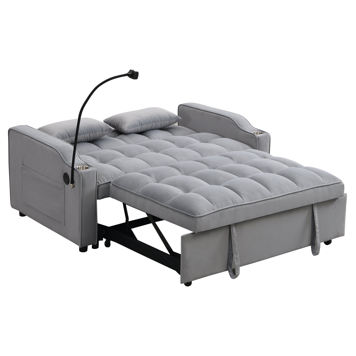 Velvet Loveseat Futon with Pullout Bed by HouseOfZazla, grey tufted upholstery sleeper sofa on Tampa Home & Garden Store