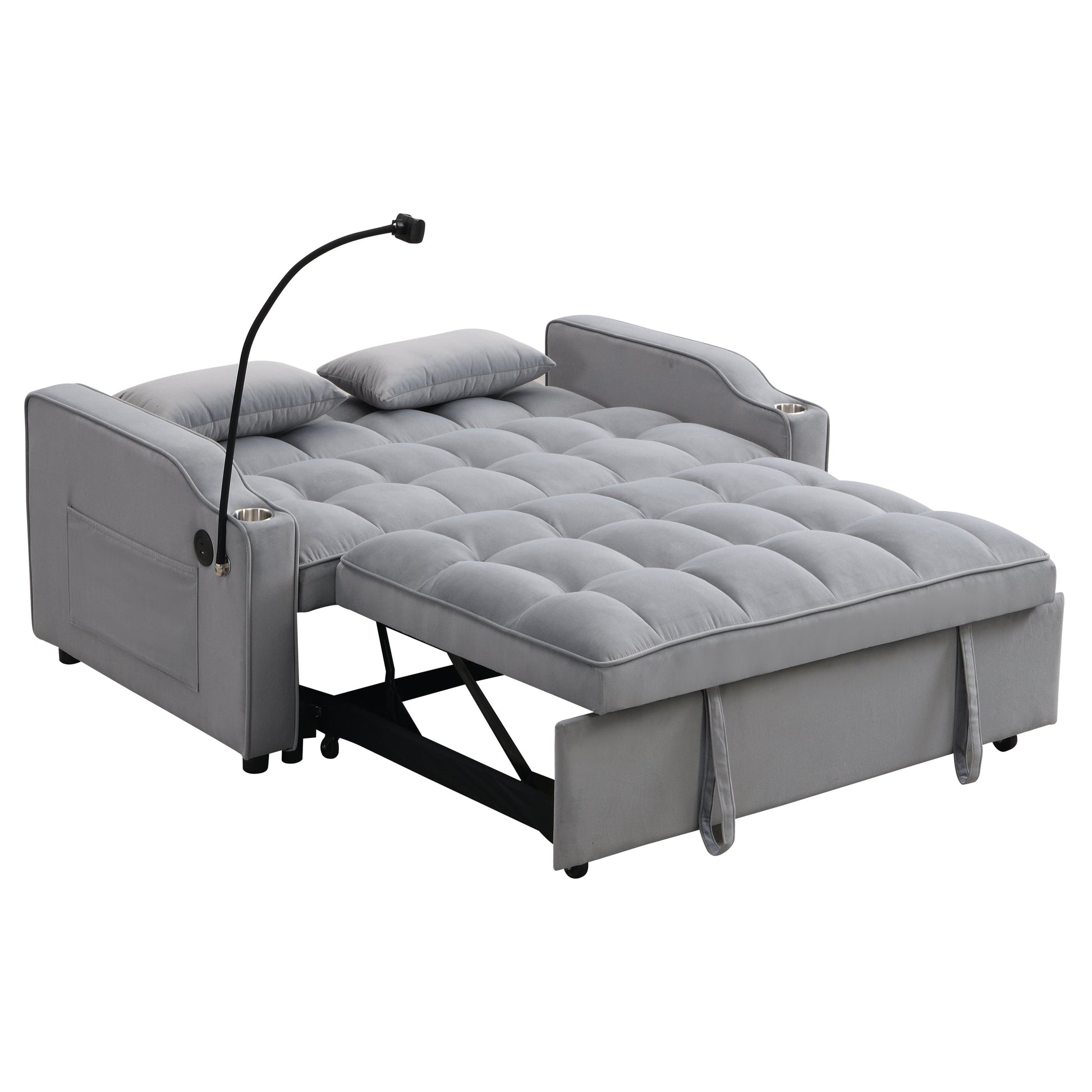 Velvet Loveseat Futon with Pullout Bed by HouseOfZazla, grey tufted upholstery sleeper sofa on Tampa Home & Garden Store