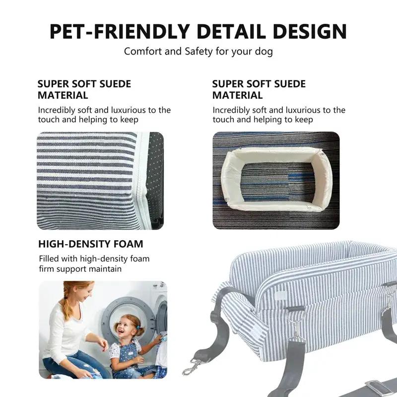 Center Console Dog Car Seat in blue striped fabric with foam padding and adjustable straps on Tampa Home & Garden Store