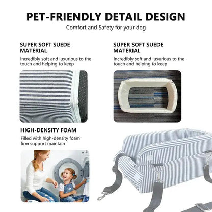Center Console Dog Car Seat in blue striped fabric with foam padding and adjustable straps on Tampa Home & Garden Store