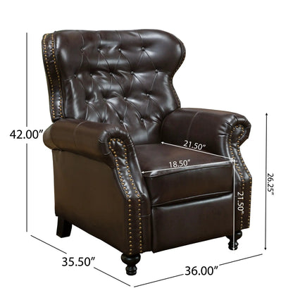 Contemporary push-back recliner dark brown leather with button tufting nailhead trim on Tampa Home & Garden Store