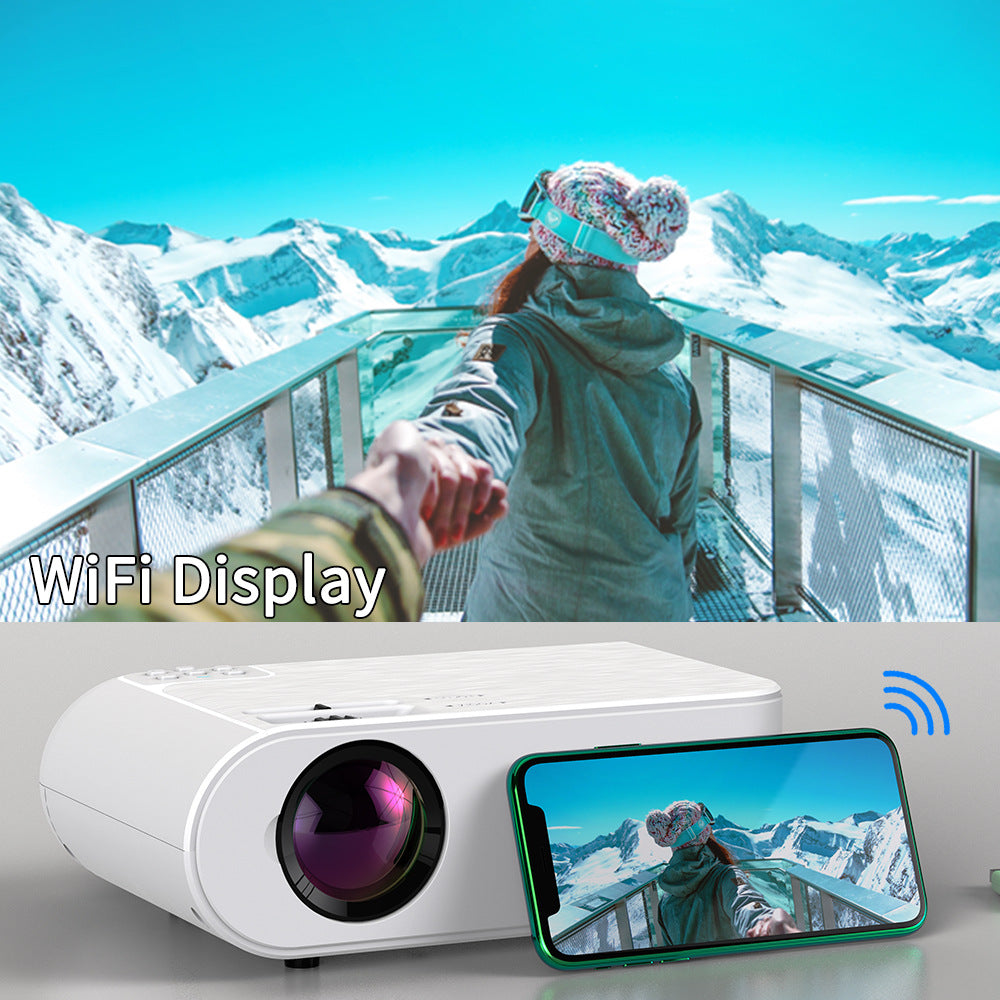 Portable white projector with lens, smartphone shows mountain scene via WiFi display on Tampa Home & Garden Store