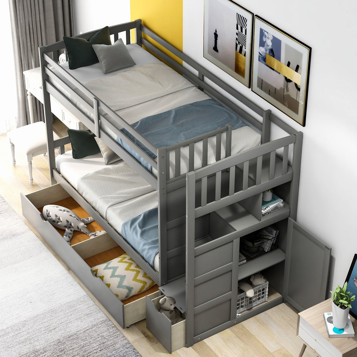 Bunk Bed gray by HouseOfZazla with convertible bottom bed and storage drawers and shelves on Tampa Home & Garden Store