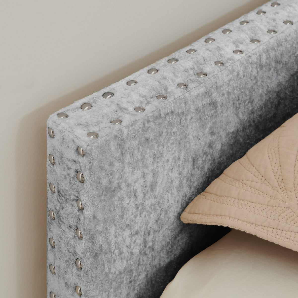 Full-Size curved round-edge padded backrest daybed in gray velvet with studded edges on Tampa Home & Garden Store