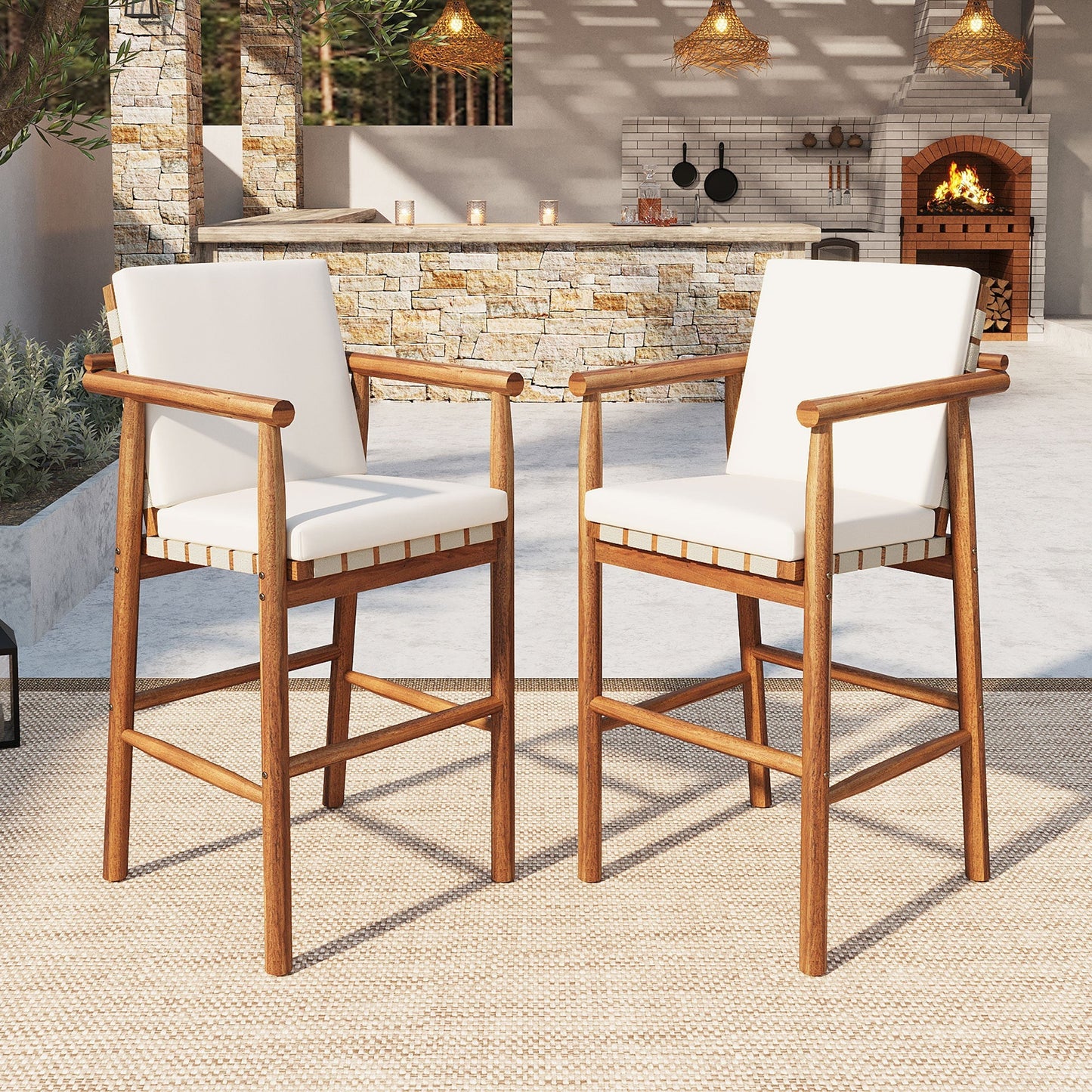 Outdoor counter-height bar stools set of 2 with cushions, wood, white cushions HouseOfZazla on Tampa Home & Garden Store