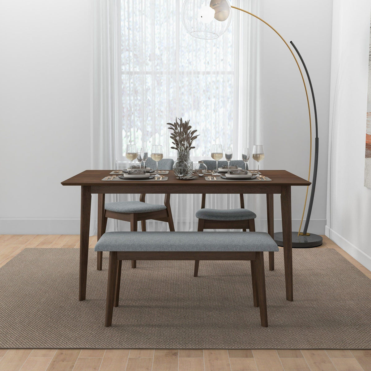 Carlos Upholstered Bench with gray high-density foam cushion around wood table by HouseOfZazla on Tampa Home & Garden Store