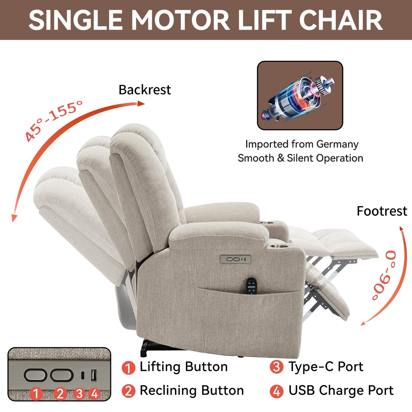 Power Lift Recliner Chair with Massage by HouseOfZazla, beige fabric recliner with remote on Tampa Home & Garden Store